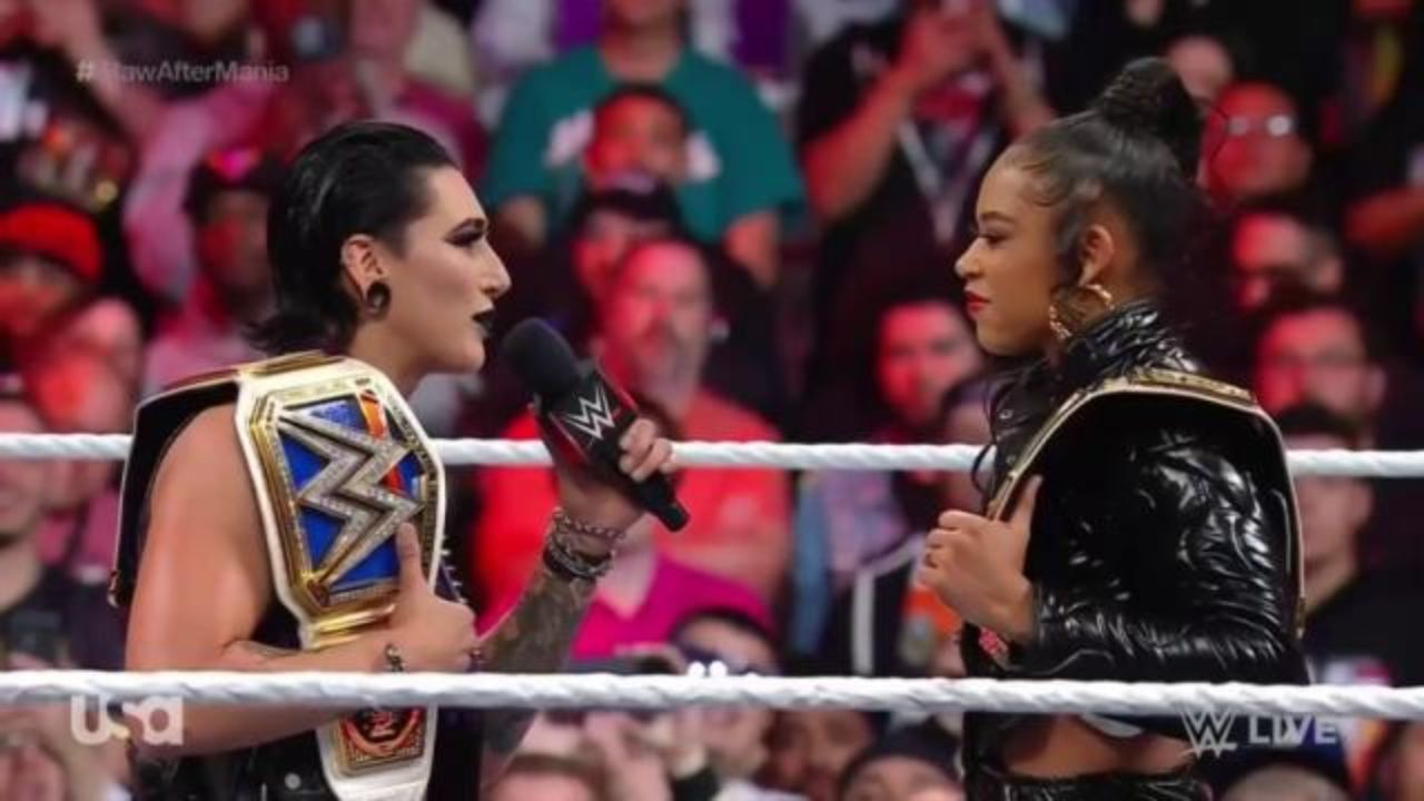 Rhea Ripley confronting Bianca Belair.